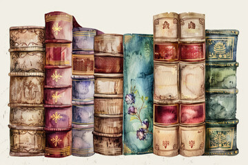 Set of watercolor rococo books, isolated on transparent background, watercolor illustration 