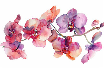 Set of Watercolor Style Illustrations: Bouquet of Orchid Flowers