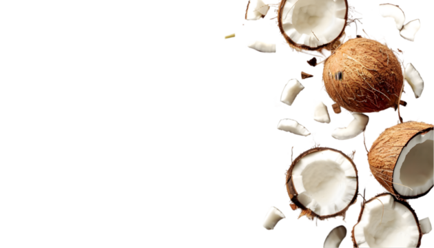 Freshly cut coconut on white transparent background