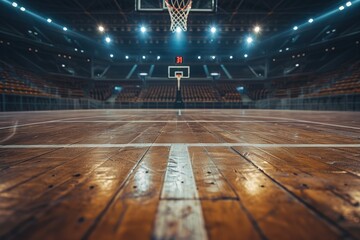 Empty basketball court floor against the backdrop of an empty stadium. Generative AI - obrazy, fototapety, plakaty