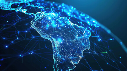 Abstract digital map of South America, concept of global network and connectivity, data world transfer and cyber technology, information exchange and telecommunication. Digital map for business