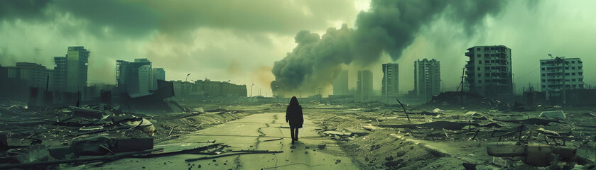 Amidst the desolation of an apocalypse a psychologist interviews survivors - obrazy, fototapety, plakaty