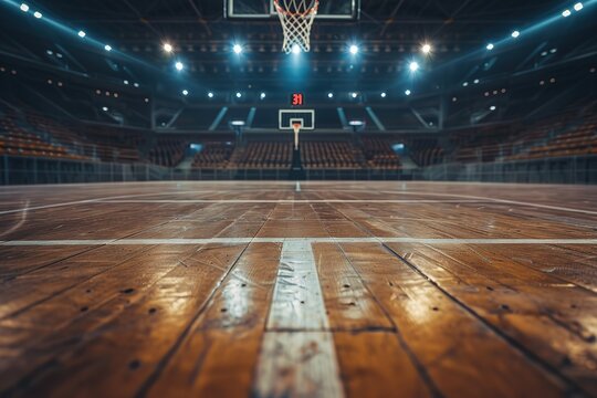 Empty basketball court floor against the backdrop of an empty stadium. Generative AI