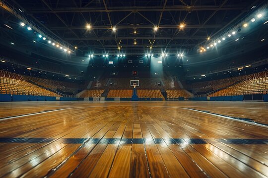 Empty basketball court floor against the backdrop of an empty stadium. Generative AI