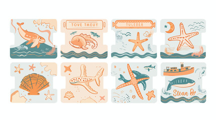 Doodle style travel tickets for travel to the sea.