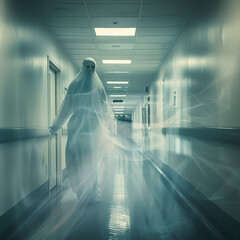 An ethereal figure of a ghost surgeon haunts the corridors of a quarantine zone offering silent help to those affected by the epidemic - obrazy, fototapety, plakaty