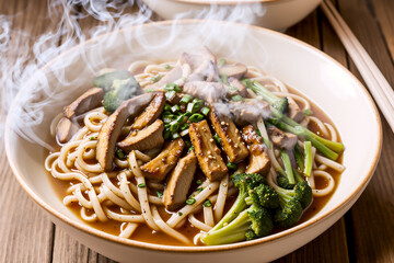 Noodles with steam  in bowl on wooden background, selective focus. Asian meal on a table, junk food concept