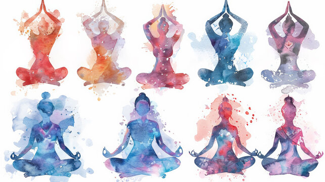 Set of watercolor woman in various yoga poses Watercolor illustrations Isolated on white Hand-drawn pictures of girl meditating, stretching Home decor background,  