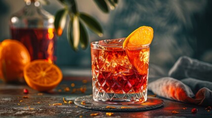 A Negroni cocktail presented against a sunny backdrop. An alcoholic beverage served in a glass.