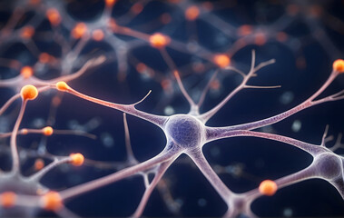 Neuron cells observed within a neural network under a microscope