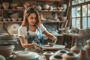 Young woman learning how to create a plate on potter wheel in a workshop. Ceramics store, small business. Beautiful female potter wearing apron working in pottery. Creative hobby, handmade pottery - obrazy, fototapety, plakaty