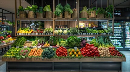 Front view of vegetables displayed on rack in supermarket. generative AI image - obrazy, fototapety, plakaty