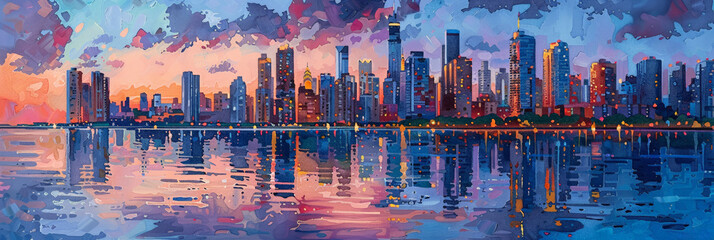 Skyline city view with reflections on water Original oil painting on canvas