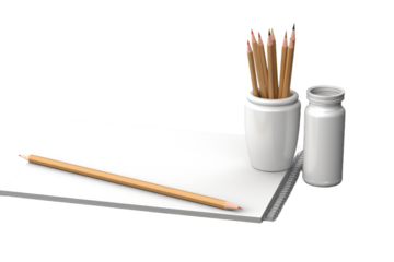 Harmony in Creation: Pencils and Jar Resting on Paper. On White or PNG Transparent Background.