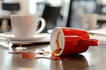A conceptual image of a spilled coffee cup on an office desk, representing everyday workplace accidents, - obrazy, fototapety, plakaty