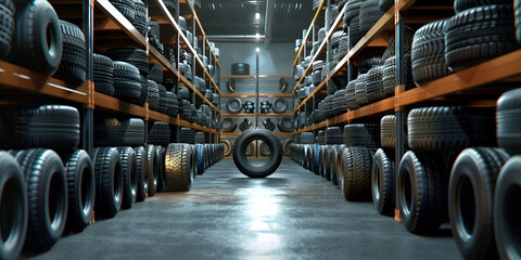 Wine barrels stacked in the cellar of a winery Toned Car tires at warehouse,  - obrazy, fototapety, plakaty