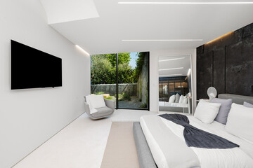 Interior shot of a bedroom of a modern house in Los Angeles