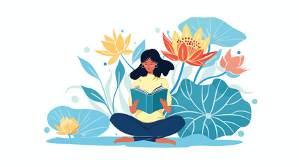 Girl Reading Book While Sitting In Pose Of Lotus Flat