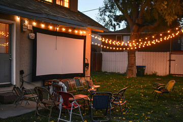 Projector for an outdoor movie night under the stars, string lights and blankets, popcorn bowls.