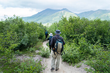People hiking the Valley of Ten Thousand Smokes. Katmai National Park and Preserve. Alaska. USA.