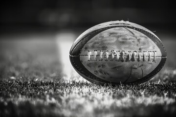 Rugby ball resting on the infield line, the contrast of its stitching and white chalk encapsulating the spirit of the sport. - obrazy, fototapety, plakaty