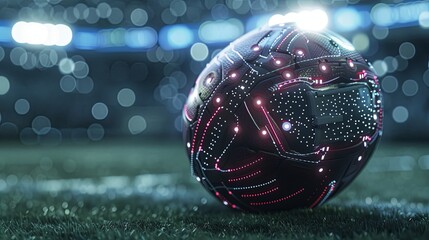 Close-up of a high-tech soccer ball with glowing elements on the grass field, under the bright lights of a stadium at night. Futuristic Smart Soccer Ball on Field at Night

 - obrazy, fototapety, plakaty