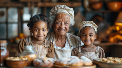 Grandmother teaching her grandchildren how to bake. - obrazy, fototapety, plakaty