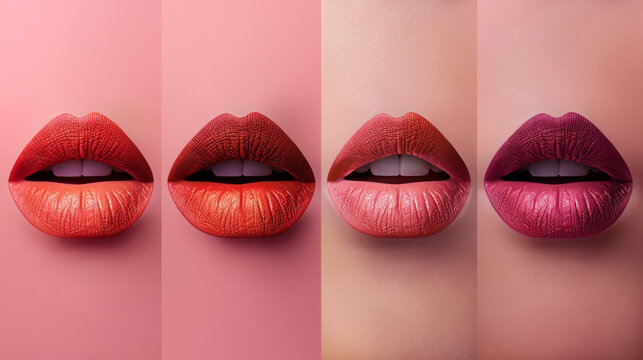 A set of beautiful female lips, the lipstick is presented in one color: peach-orange, dark red or light pink.