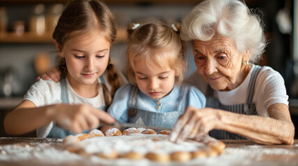 Grandmother teaching her grandchildren how to bake. - obrazy, fototapety, plakaty