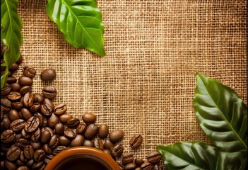 A coffee bean and leaf background with coffee beans on top
