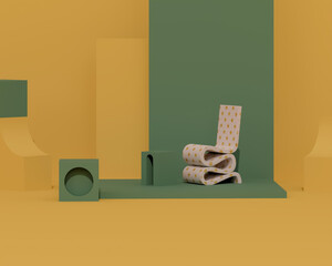 Creative interior design in green studio with Abstract Geometric Shapes and Art armchair. Pastel yellow color background. 3D rendering for web page, presentation or social media