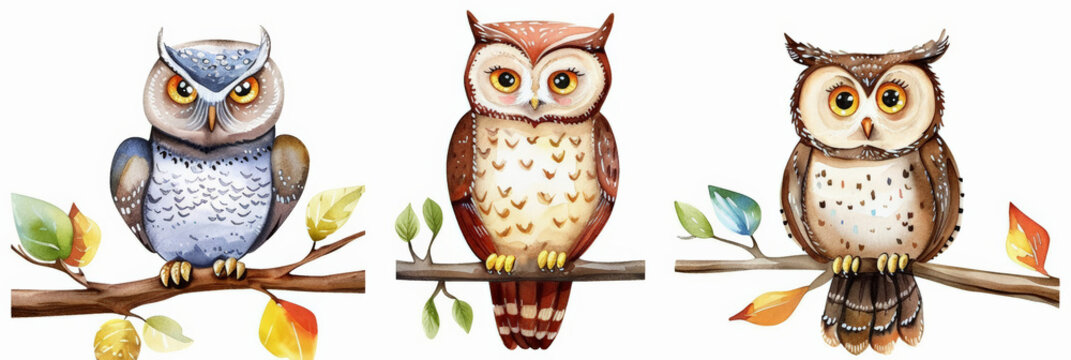 Three owls Watercolor education concept, watercolor illustration 