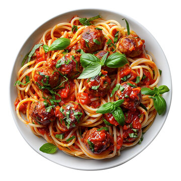 Spaghetti with meatballs isolated on transparent background, png photo for food advertising