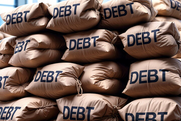 Debt pilling up! Bags of money stacked and piled up. Concept for mounting debt, huge fiscal deficit, growing government spending, IOUs, borrowing on credit, interest rate hike, financially poor.