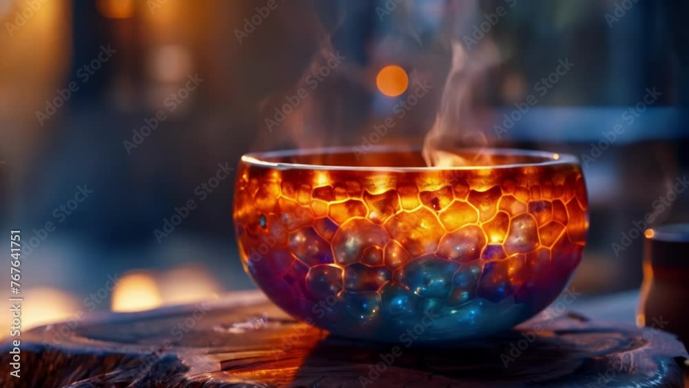 Wall mural a closeup of a crystal singing bowl with vibrant patterns etched into its surface as it emits soothi