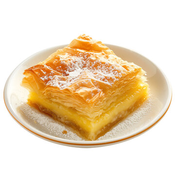 Front View of Galaktoboureko with Layers of Phyllo Pastry Filled with Semolina Custard, Baked Until Golden Brown, Isolated on a White Transparent Background