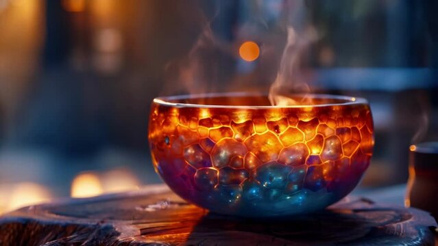A closeup of a crystal singing bowl with vibrant patterns etched into its surface as it emits soothing tones that seem to resonate throughout the room.