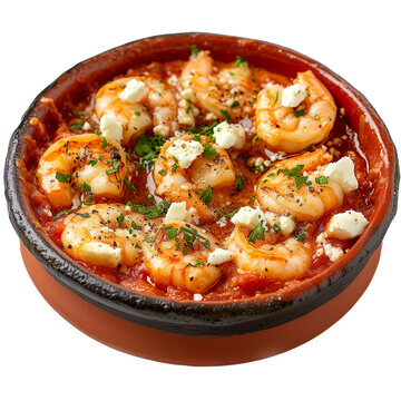 Front View of Garides Saganaki with Greek Shrimp Saganaki, Featuring Shrimp Cooked in a Rich Tomato Sauce, Topped with Feta Cheese and Baked Until Bubbly, Isolated on a White Transparent Background