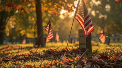 A poignant display of American flags placed at each grave in a war veterans' memorial park, the image capturing a moment of national pride and remembrance. Generative AI - obrazy, fototapety, plakaty