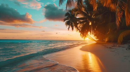 Landscape with tropical beach with sand and palm trees at sunset. None. Copy space. Wallpaper. - obrazy, fototapety, plakaty