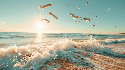 Seascape with sandy resort beach, frothy wave and seagulls sunny summer day. Wallpaper. - obrazy, fototapety, plakaty