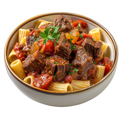 Front View of Pastitsada with Greek Slow-Cooked Beef Stew, Featuring Tomatoes, Red Wine, and Spices, Isolated on a White Transparent Background
