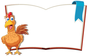A cartoon chicken standing next to a blank book.