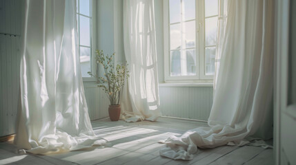 White curtains gently sway in the breeze beside the room's window.