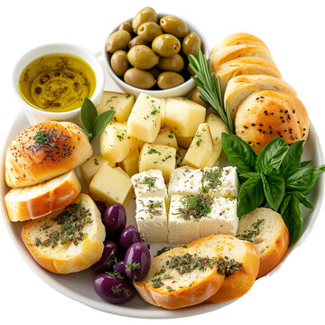 Front View of Psomi Me Tiri with Greek Bread and Cheese Platter, Featuring a Selection of Artisanal Bread, Feta Cheese, Olives, and Fresh Herbs, Isolated on a White Transparent Background