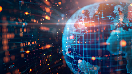 The digital world globe refers to the concept of global connectivity, high-speed data transfer, cyber technology, information exchange, and international communication 