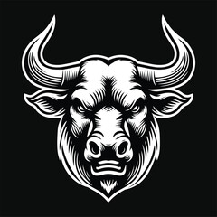 Dark Art Angry Beast Bull Head with Sharp Horn Black and White Illustration