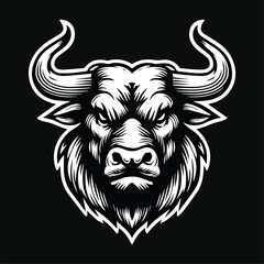 Dark Art Angry Beast Bull Head with Sharp Horn Black and White Illustration
