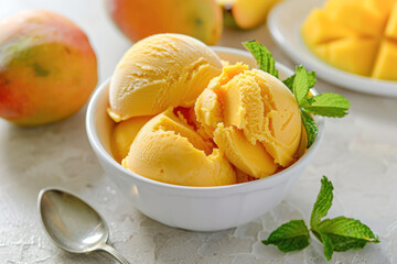 Mango Sorbet with Fresh Mango and Mint. A refreshing bowl of mango sorbet garnished with fresh mango cubes and a sprig of mint.