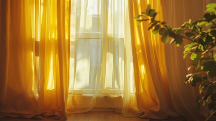 Yellow curtains gently sway in the breeze beside the room's window.